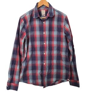 GAP Men's Casual Plaid Shirt - Navy and Red Size Medium